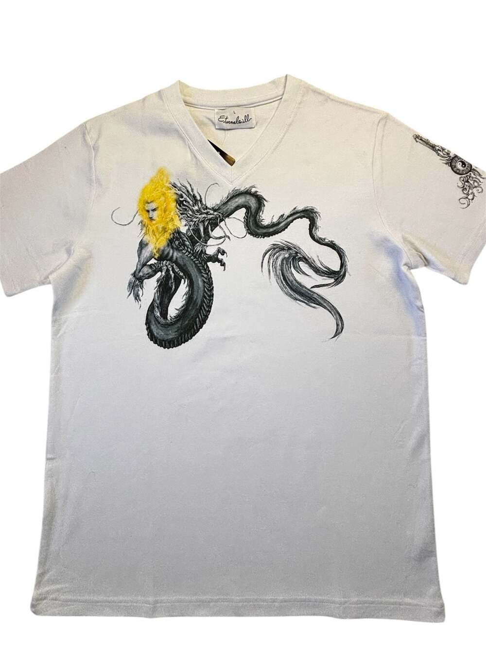 Eternalwill Graphic Print V-Neck T-Shirt Dragon with Yellow Hair